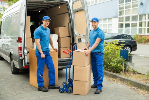Organized mobile self storage unit with packed boxes in Crayford